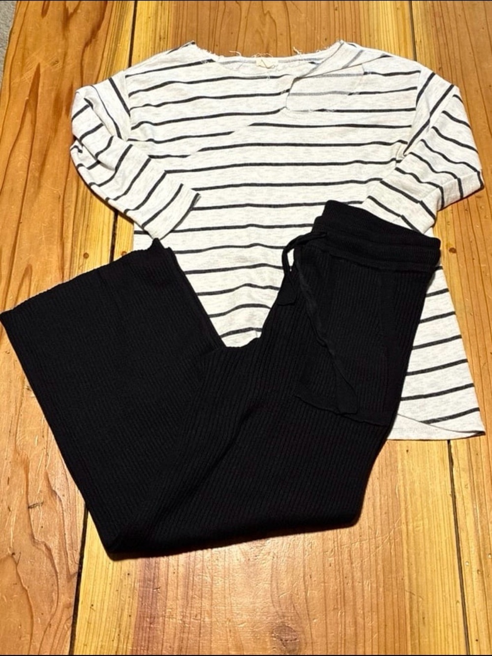 Wild Pearl Black Ribbed Wide-Leg Drawstring Pants